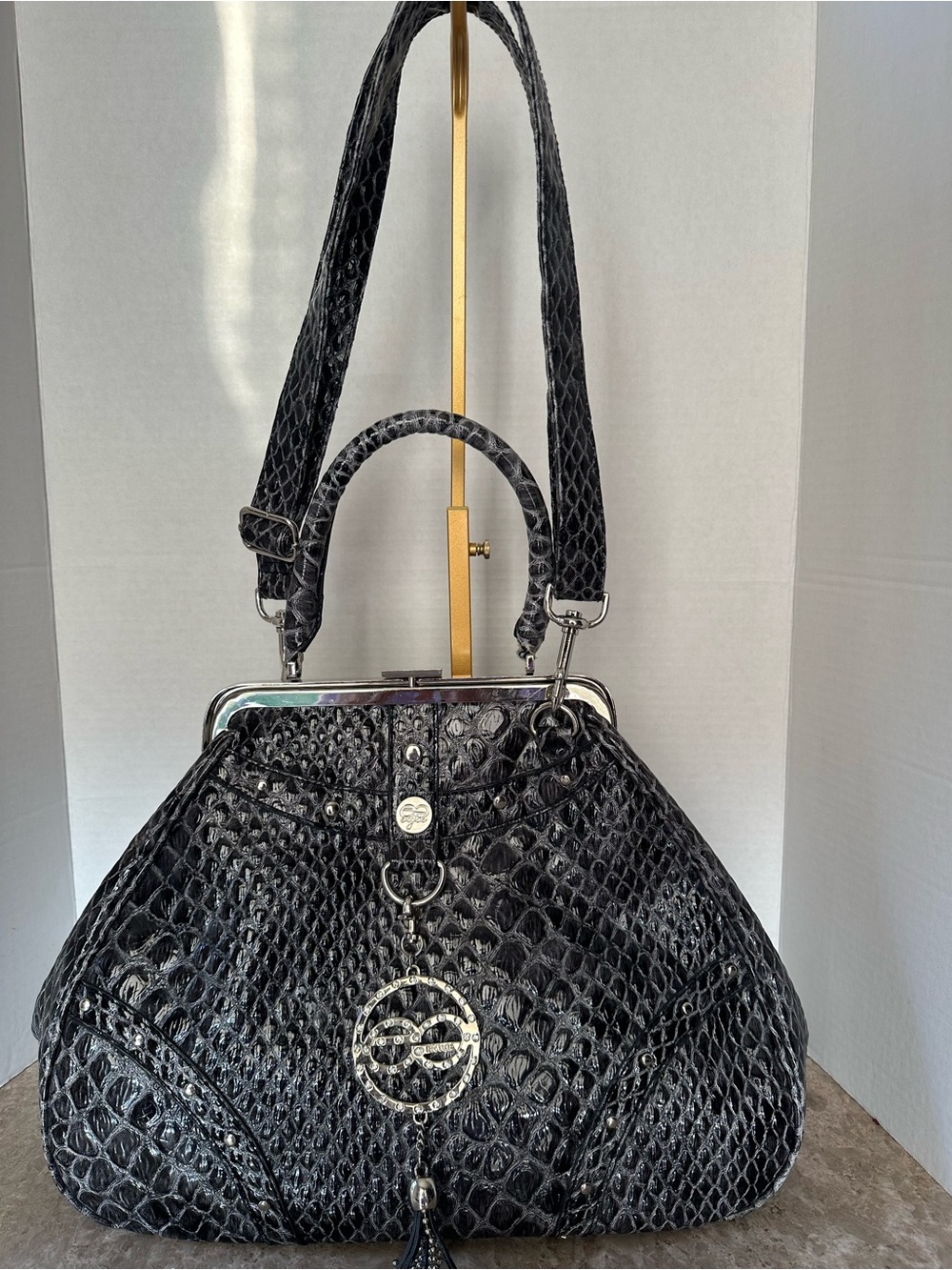 Vintage Y2K Enyce Accessories Black Snake Embossed Doctor Frame Bag Top Handle